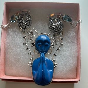 Goddess carved praying face blue Necklace